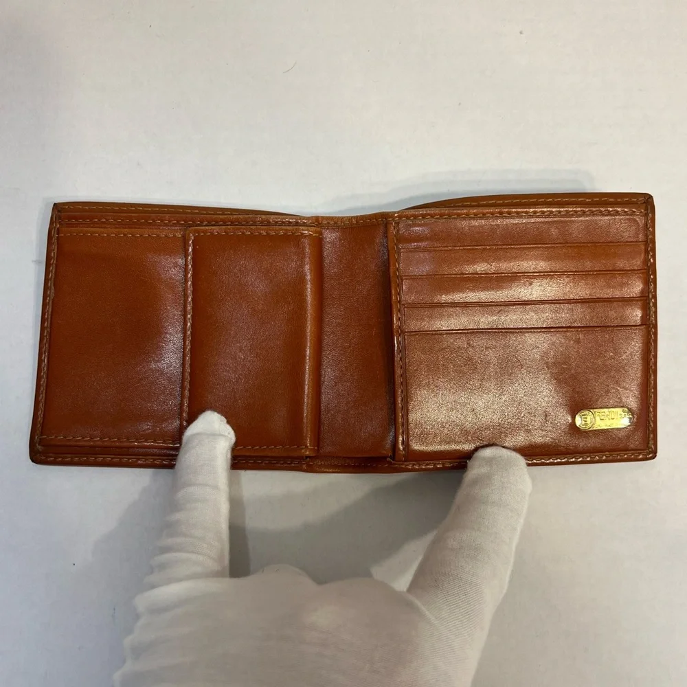 FENDI Pequin Patterned Bifold Wallet Brown/Black PVC &‎ Cognac Leather